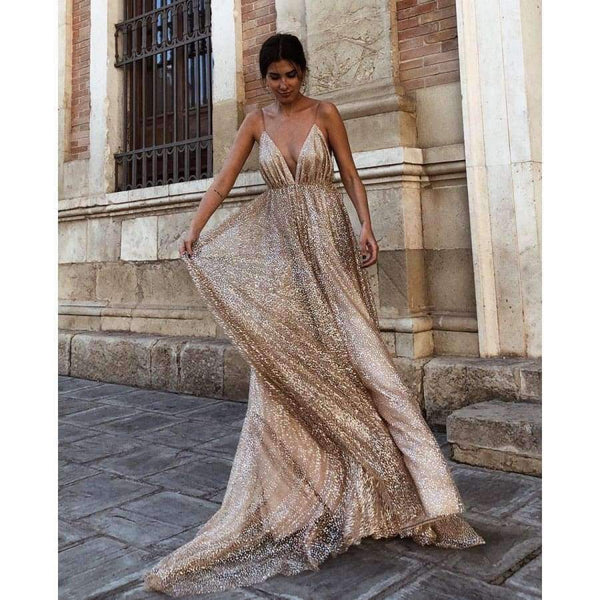 Planet Gates Gold / 4 / China Sexy Deep V-Neck Backless Evening Dresses Sequined Tulle Long Robe De Soiree New Arrival Gold Spaghetti Strap Party Gowns