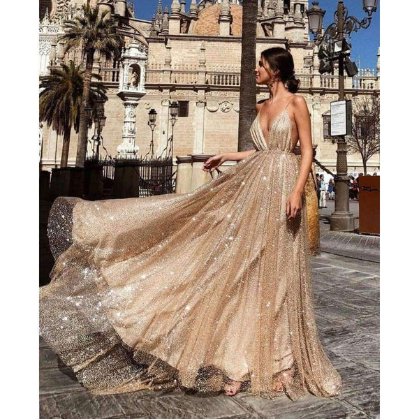 Planet Gates Gold / 4 / China Sexy Deep V-Neck Backless Evening Dresses Sequined Tulle Long Robe De Soiree New Arrival Gold Spaghetti Strap Party Gowns