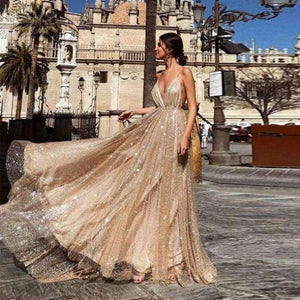Planet Gates Gold / 4 / China Sexy Deep V-Neck Backless Evening Dresses Sequined Tulle Long Robe De Soiree New Arrival Gold Spaghetti Strap Party Gowns