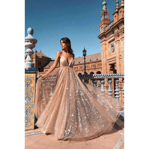 Planet Gates Gold / 4 / China Sexy Deep V-Neck Backless Evening Dresses Sequined Tulle Long Robe De Soiree New Arrival Gold Spaghetti Strap Party Gowns