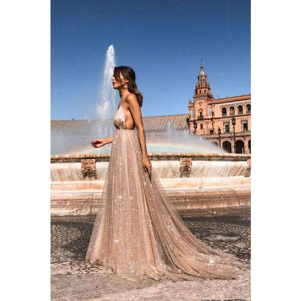 Planet Gates Gold / 4 / China Sexy Deep V-Neck Backless Evening Dresses Sequined Tulle Long Robe De Soiree New Arrival Gold Spaghetti Strap Party Gowns