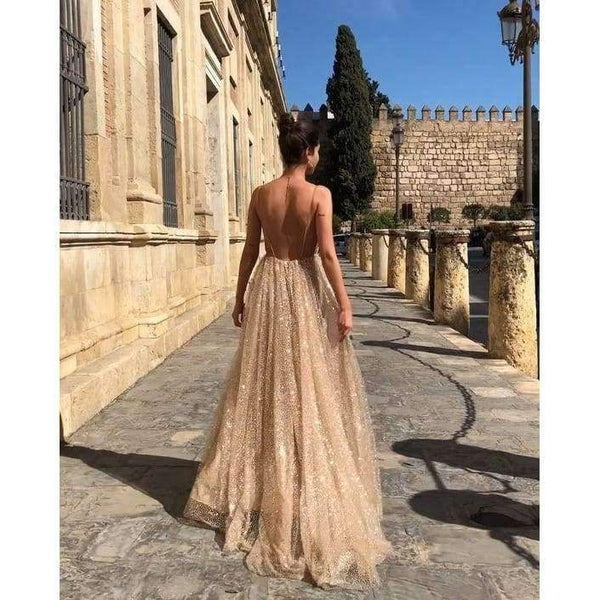 Planet Gates Gold / 4 / China Sexy Deep V-Neck Backless Evening Dresses Sequined Tulle Long Robe De Soiree New Arrival Gold Spaghetti Strap Party Gowns