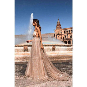 Planet Gates Gold / 4 / China Sexy Deep V-Neck Backless Evening Dresses Sequined Tulle Long Robe De Soiree New Arrival Gold Spaghetti Strap Party Gowns