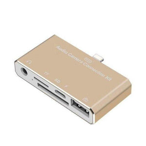 Planet Gates gold 5 in 1 Lightning splitter to 3.5mm Audio/SD/TF Card/Charging/USB 2.0 Camera otg Adapter Connector For iPhone X 8 7 6 Plus IOS 11