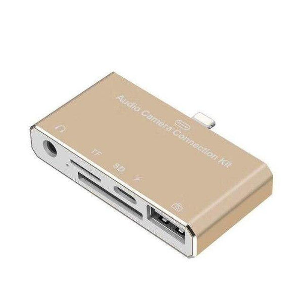 Planet Gates gold 5 in 1 Lightning splitter to 3.5mm Audio/SD/TF Card/Charging/USB 2.0 Camera otg Adapter Connector For iPhone X 8 7 6 Plus IOS 11