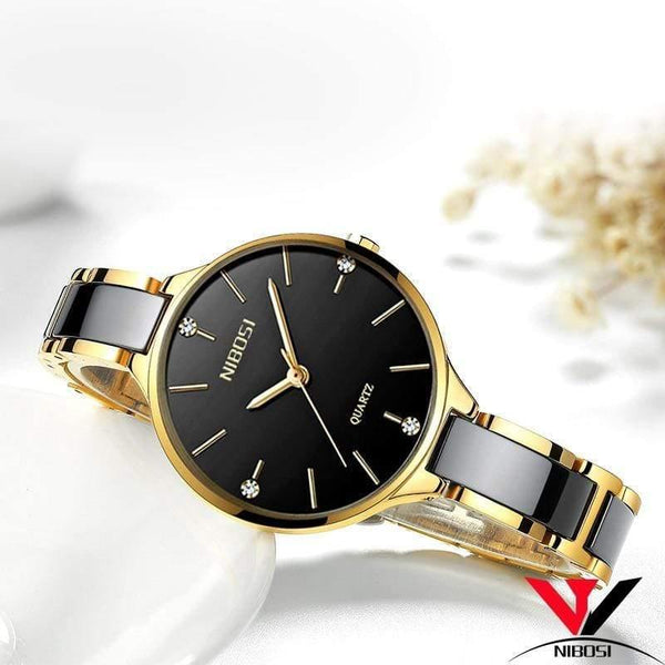 Planet Gates Gold and black watch Women Watches Waterproof Top Brand Luxury Watch Women With Ceramics And Metal Strap Relojes Para Mujer
