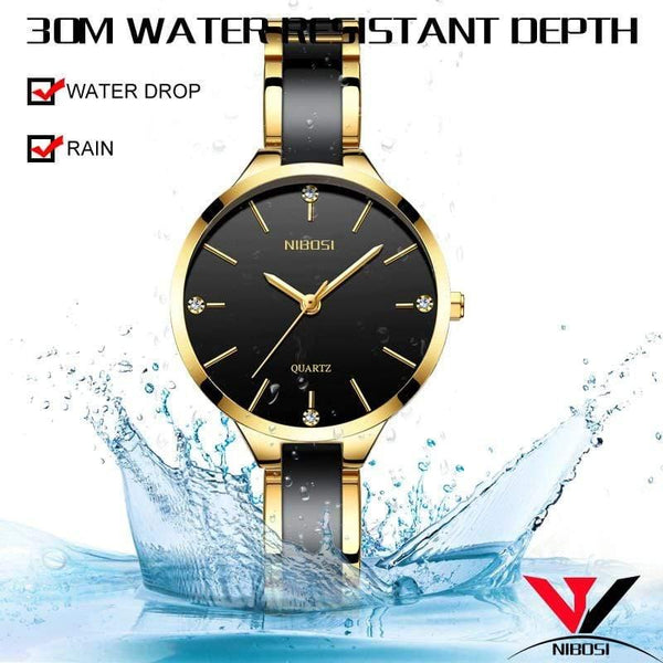 Planet Gates Gold and black watch Women Watches Waterproof Top Brand Luxury Watch Women With Ceramics And Metal Strap Relojes Para Mujer