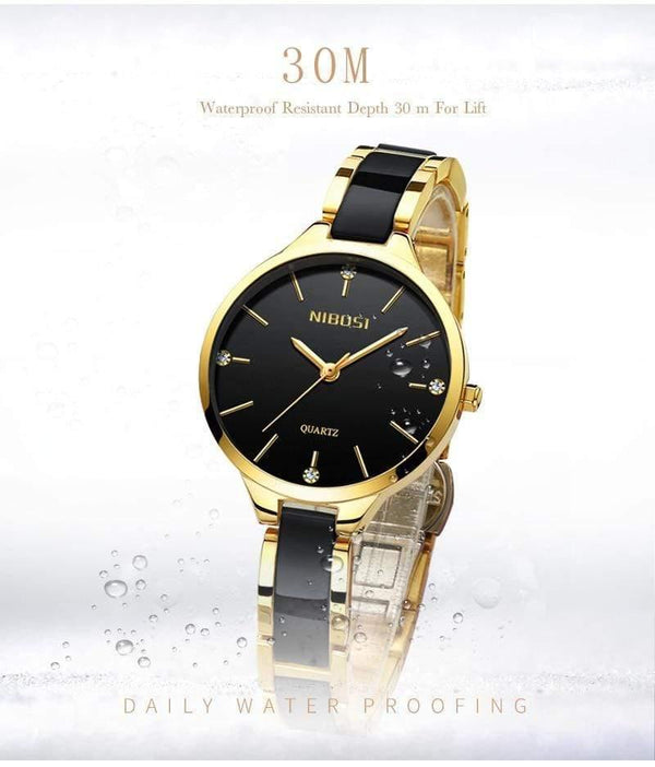 Planet Gates Gold and black watch Women Watches Waterproof Top Brand Luxury Watch Women With Ceramics And Metal Strap Relojes Para Mujer