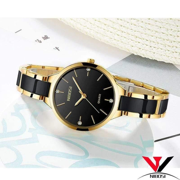 Planet Gates Gold and black watch Women Watches Waterproof Top Brand Luxury Watch Women With Ceramics And Metal Strap Relojes Para Mujer