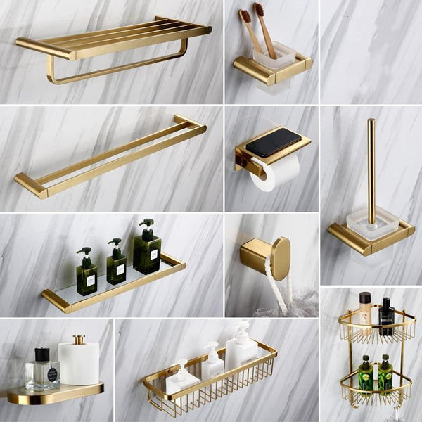 Planet Gates Gold Bathroom Hardware Set Bathrom Shower Shelf Wall Mounted Corner Shelf Organizer 304 Stainless Steel Brushed