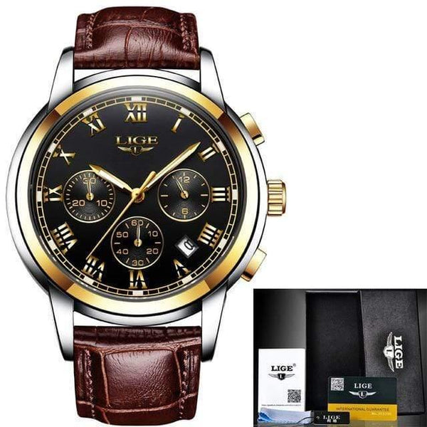 Planet Gates gold black leather Watches Men Luxury Brand LIGE Chronograph Men Sports Watches Waterproof Full Steel Quartz Men's Watch Relogio Masculino