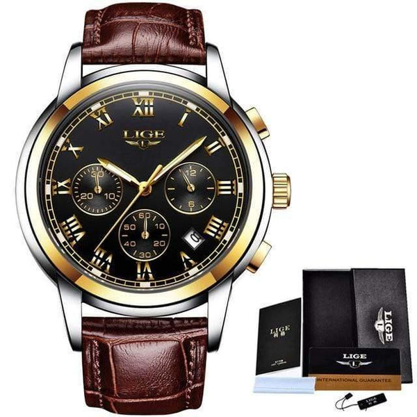 Planet Gates gold black leather Watches Men Sports Waterproof Date Analogue Quartz Men's Watches Chronograph Business Watches For Men Relogio Masculino+Box