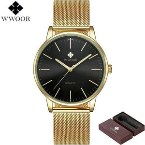 Planet Gates Gold Black Men Simple Slim Quartz Watch Gold Steel Mesh Ultra Thin Men Watches Luxury Brand Waterproof Male Wrist Watch Golden Clock