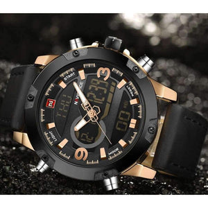 Planet Gates Златно черно NAVIFORCE Луксозна марка Мъжки аналогови цифрови кожени спортни часовници Мъжки армейски военен часовник Мъжки кварцов часовник Relogio Masculino