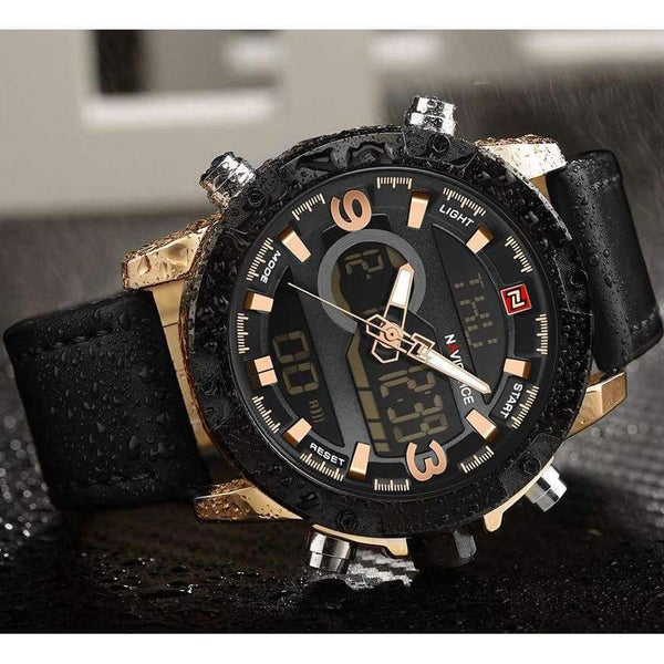 Planet Gates Златно черно NAVIFORCE Луксозна марка Мъжки аналогови цифрови кожени спортни часовници Мъжки армейски военен часовник Мъжки кварцов часовник Relogio Masculino