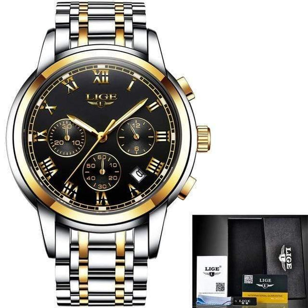 Planet Gates gold black steel Watches Men Luxury Brand LIGE Chronograph Men Sports Watches Waterproof Full Steel Quartz Men's Watch Relogio Masculino