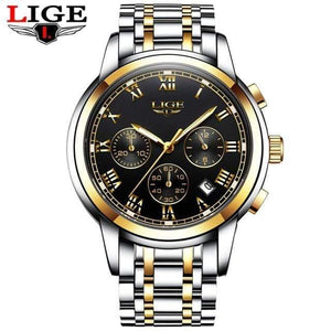 Planet Gates gold black steel Watches Men Luxury Brand LIGE Chronograph Men Sports Watches Waterproof Full Steel Quartz Men's Watch Relogio Masculino