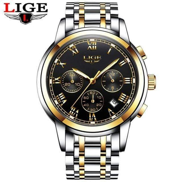 Planet Gates gold black steel Watches Men Luxury Brand LIGE Chronograph Men Sports Watches Waterproof Full Steel Quartz Men's Watch Relogio Masculino
