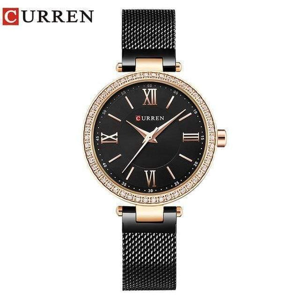 Planet Gates gold black Women's Bracelet Watches Rhinestones Case Shell Surface Ladies Clock black Stainless Steel Watchband