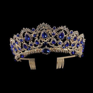 Planet Gates Guld Blå KMVEXO Europæiske Dråbe Grøn Rød Krystal Tiaraer Vintage Guld Rhinestone Pageant Kroner Med Kam Barok Bryllupshårtilbehør