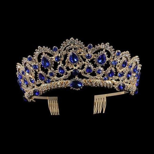 Planet Gates Guld Blå KMVEXO Europæiske Dråbe Grøn Rød Krystal Tiaraer Vintage Guld Rhinestone Pageant Kroner Med Kam Barok Bryllupshårtilbehør