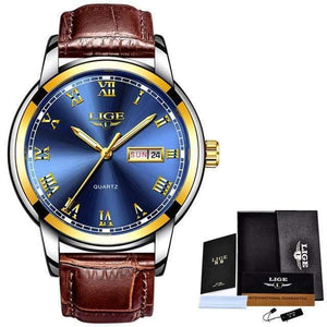 Planet Gates gold blue leather 1 Watches Men Sports Waterproof Date Analogue Quartz Men's Watches Chronograph Business Watches For Men Relogio Masculino+Box