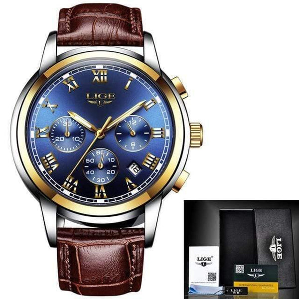 Planet Gates gold blue leather Watches Men Luxury Brand LIGE Chronograph Men Sports Watches Waterproof Full Steel Quartz Men's Watch Relogio Masculino