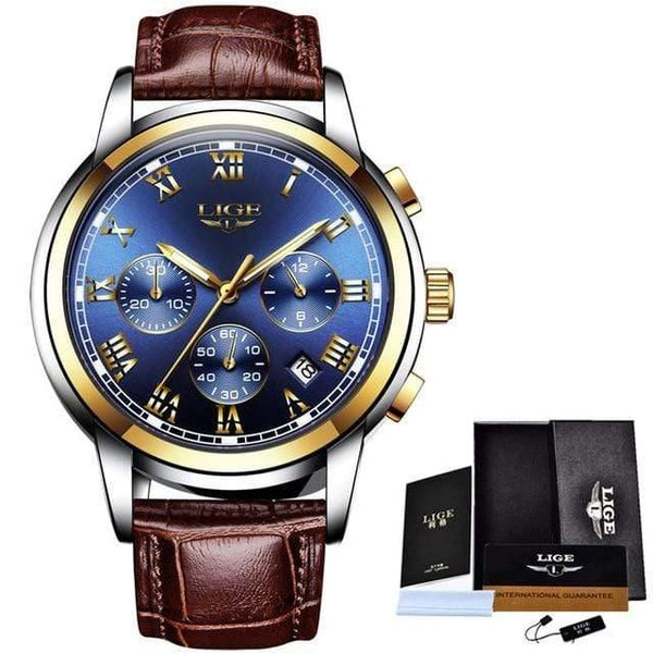 Planet Gates gold blue leather Watches Men Sports Waterproof Date Analogue Quartz Men's Watches Chronograph Business Watches For Men Relogio Masculino+Box