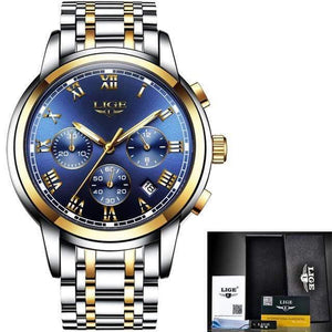 Planet Gates gold blue steel Watches Men Luxury Brand LIGE Chronograph Men Sports Watches Waterproof Full Steel Quartz Men's Watch Relogio Masculino
