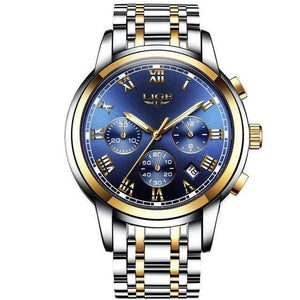 Planet Gates gold blue steel Watches Men Luxury Brand LIGE Chronograph Men Sports Watches Waterproof Full Steel Quartz Men's Watch Relogio Masculino