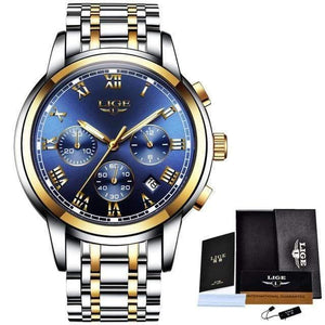 Planet Gates gold blue steel Watches Men Sports Waterproof Date Analogue Quartz Men's Watches Chronograph Business Watches For Men Relogio Masculino+Box