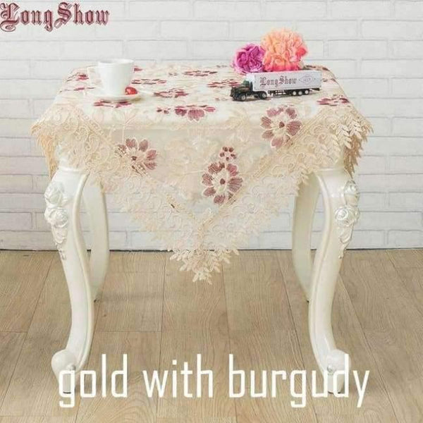 Planet Gates gold burgundy / 130*180cm Light Coffee Pure Organza Lace Trim LOTUS Embroidered Tablecloth