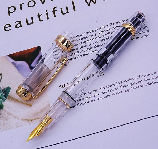 Planet Gates Gold Clip / EF--0.38mm Fountain Pen Transparent Piston Wing Sung Ink Pen Iridium 0.38/0.5mm Gold Silver Clip with Gift Box Office Pen