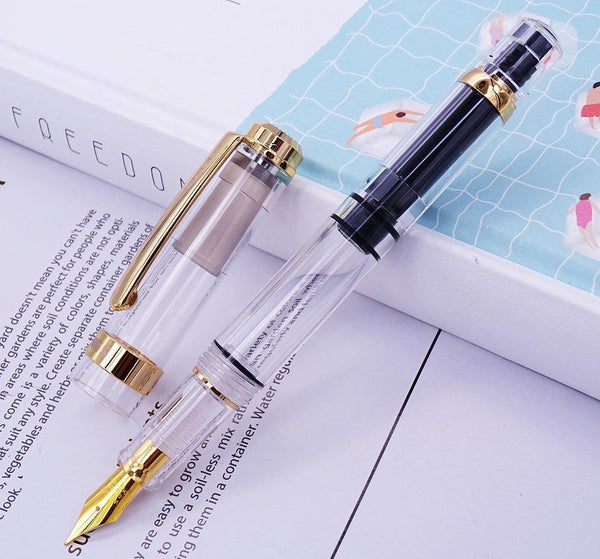 Planet Gates Gold Clip / EF--0.38mm Fountain Pen Transparent Piston Wing Sung Ink Pen Iridium 0.38/0.5mm Gold Silver Clip with Gift Box Office Pen
