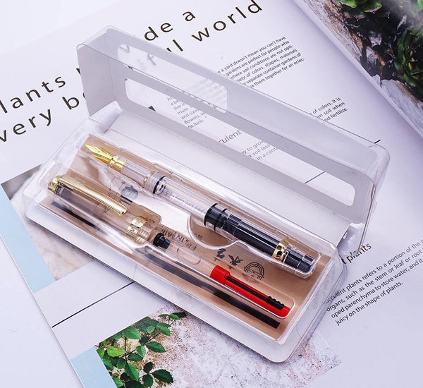 Planet Gates Gold Clip / EF--0.38mm Fountain Pen Transparent Piston Wing Sung Ink Pen Iridium 0.38/0.5mm Gold Silver Clip with Gift Box Office Pen