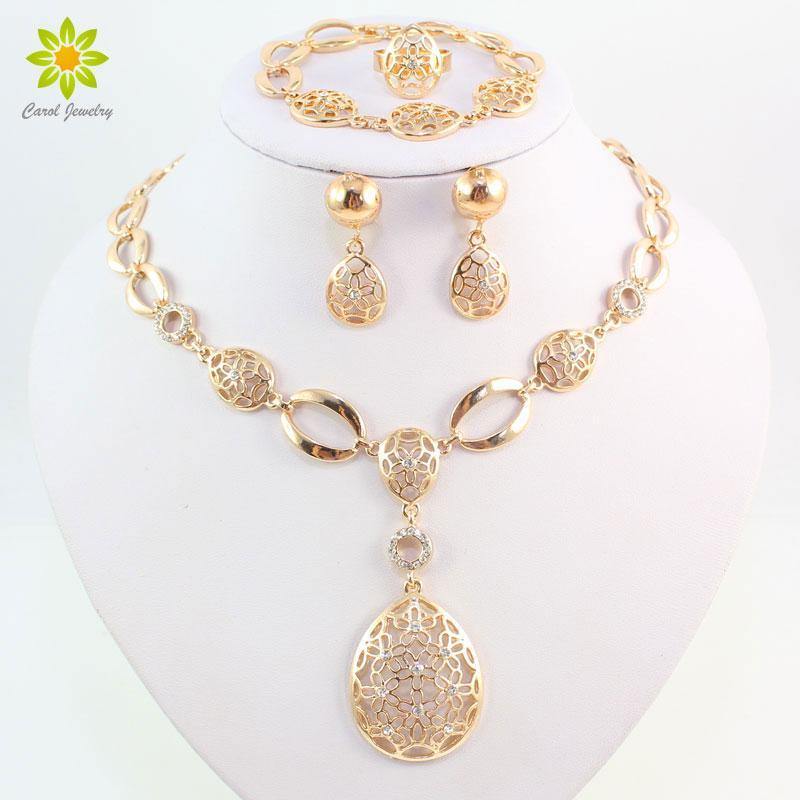 Planet Gates Gold Color African Bridal Costume Jewelry Sets Nigerian Wedding Water Drop Necklace Earrings Set