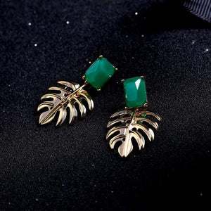 Planet Gates Gold Color Alloy Hollowed Leaf Green Resin Rectangle Drop Earrings for Women Fashion Jewelry