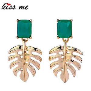 Planet Gates Gold Color Alloy Hollowed Leaf Green Resin Rectangle Drop Earrings for Women Fashion Jewelry
