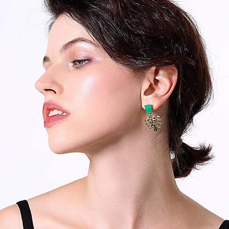 Planet Gates Gold Color Alloy Hollowed Leaf Green Resin Rectangle Drop Earrings for Women Fashion Jewelry