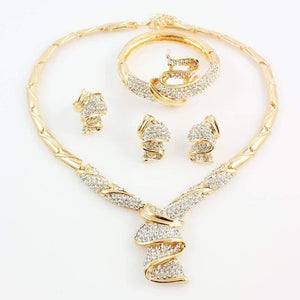 Planet Gates Gold Color Alloy Rhinestone Wedding Jewelry Sets Necklace Bracelet Ring Earrings For Women Bridal