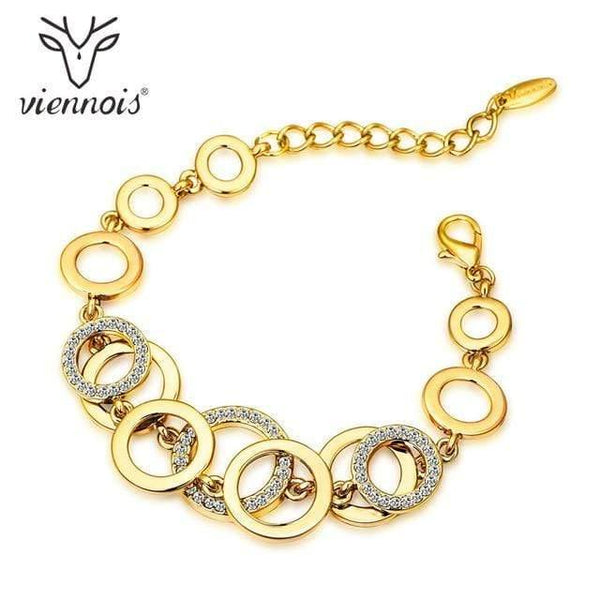 Planet Gates Gold-color Rose Gold Circles Bracelet & Bangles For Women Rhinestones Paved Double Layer Round Female Wedding Jewelry 3 Colors