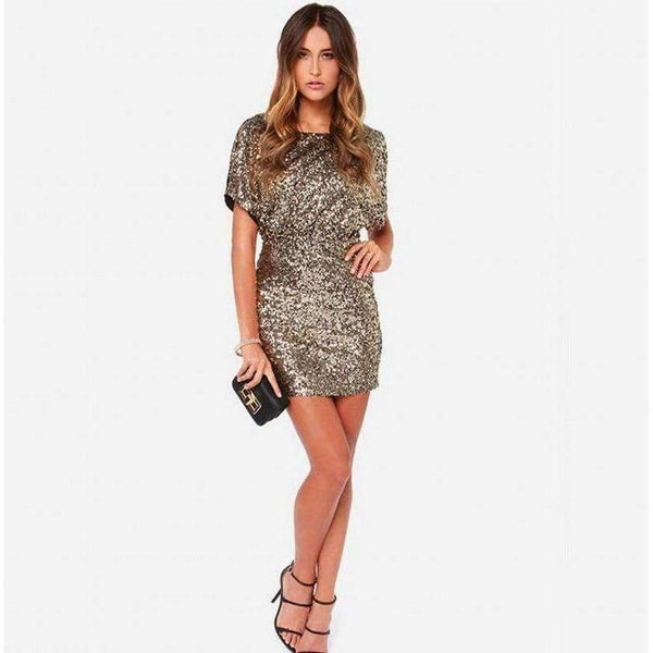 Planet Gates Gold Color Scoop Neck Cocktail Dresses Sequined Short Sleeves Mini Robe Cocktail Ladies Fashion vestidos coctel mujer