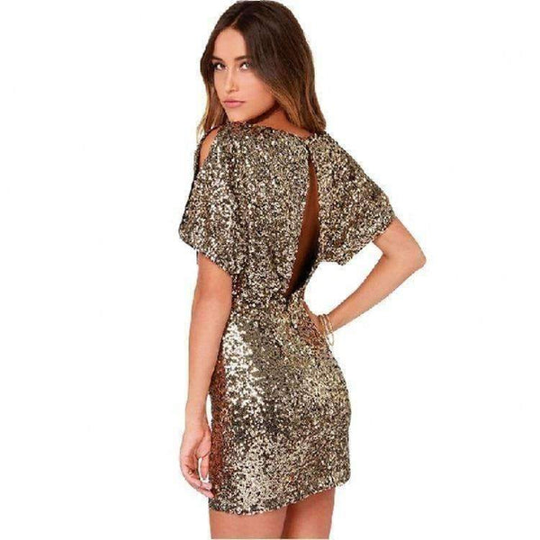 Planet Gates Gold Color Scoop Neck Cocktail Dresses Sequined Short Sleeves Mini Robe Cocktail Ladies Fashion vestidos coctel mujer