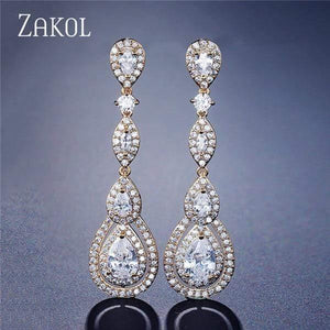 Planet Gates Gold Color Water Drop Pear Cubic Zircon Long Dangles Drop Earrings for Elegant Women Bridal Wedding Jewelry Dress FSEP2114