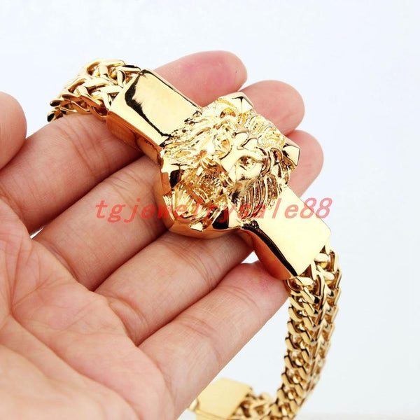 Planet Gates Gold Figaro Rolo Chain With Stainless Steel Lion Head Bracelet Fashion Men's Cuff Jewelry 15mm*8.66"