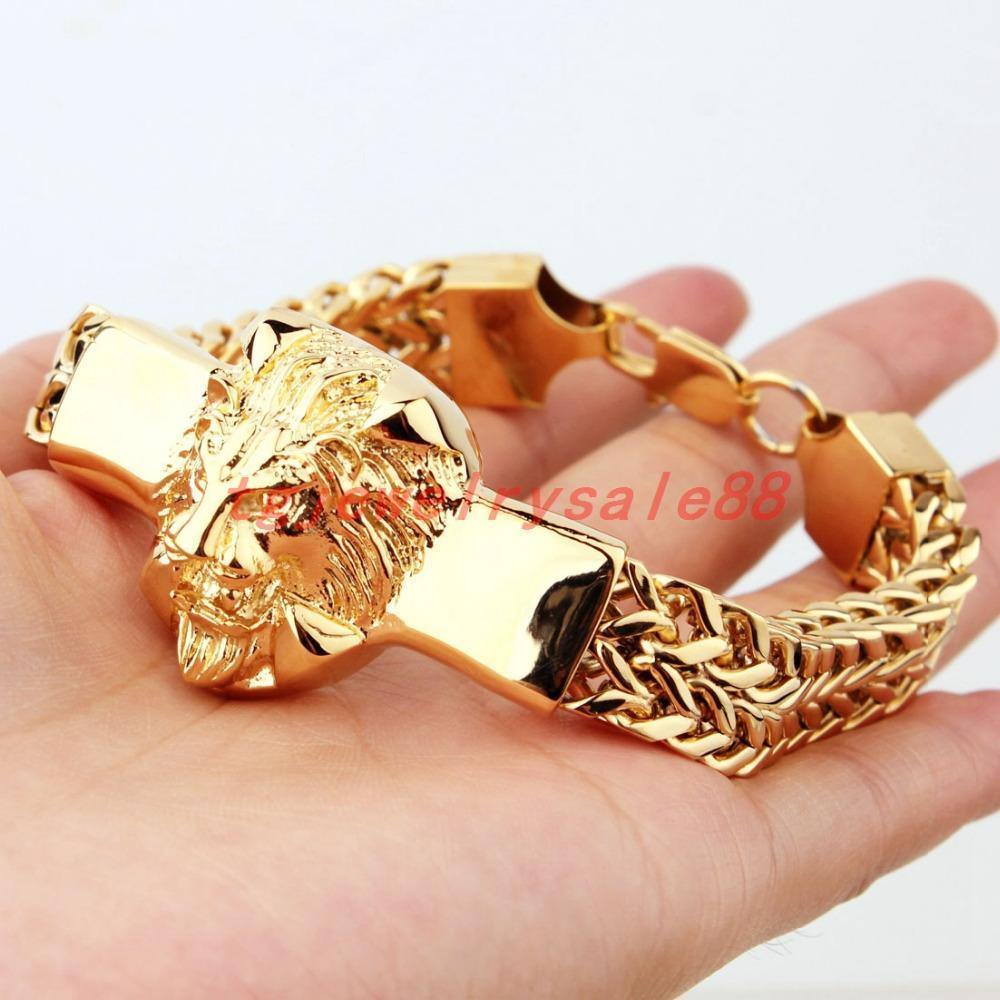 Planet Gates Gold Figaro Rolo Chain With Stainless Steel Lion Head Bracelet Fashion Men's Cuff Jewelry 15mm*8.66"
