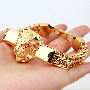 Planet Gates Gold Figaro Rolo Chain With Stainless Steel Lion Head Bracelet Fashion Men's Cuff Jewelry 15mm*8.66"