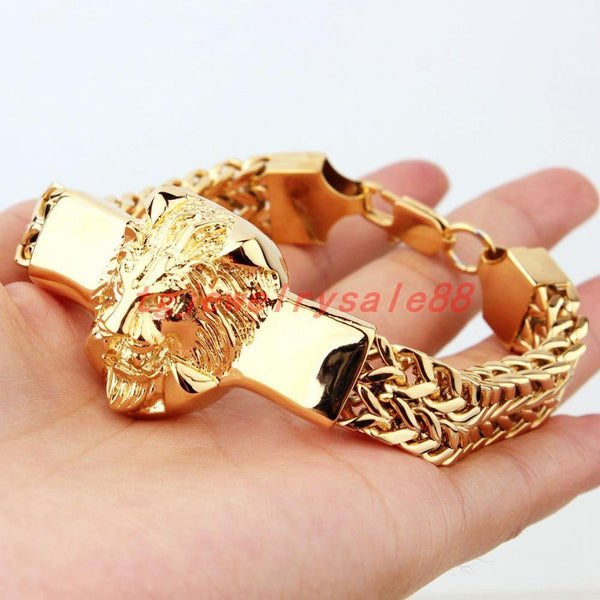 Planet Gates Gold Figaro Rolo Chain With Stainless Steel Lion Head Bracelet Fashion Men's Cuff Jewelry 15mm*8.66"