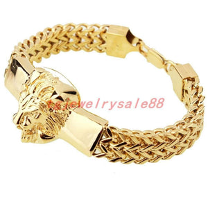 Planet Gates Gold Figaro Rolo Chain With Stainless Steel Lion Head Bracelet Fashion Men's Cuff Jewelry 15mm*8.66"