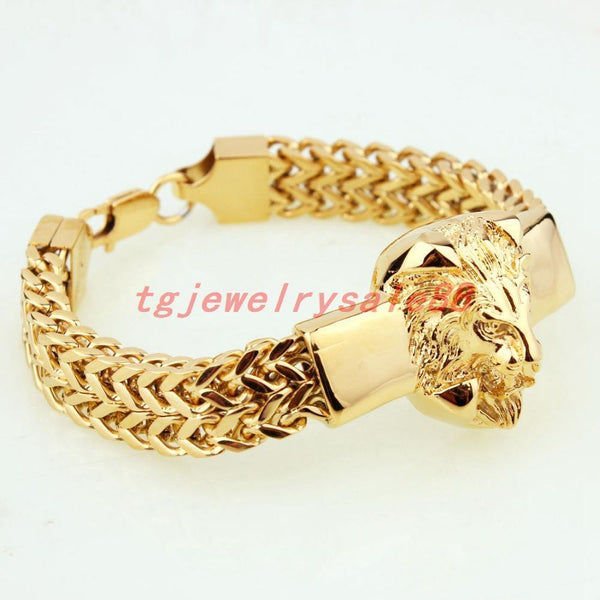 Planet Gates Gold Figaro Rolo Chain With Stainless Steel Lion Head Bracelet Fashion Men's Cuff Jewelry 15mm*8.66"